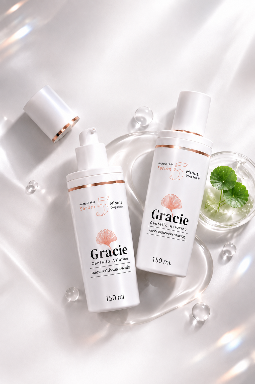 ภาพจัดองค์ประกอบขวด Gracie สองขวดและใบบัวบกในโทนขาวโรสโกลด์